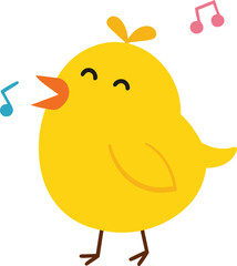 Playful cartoon canary singing with floating musical notes, bright yellow plump bird illustration.