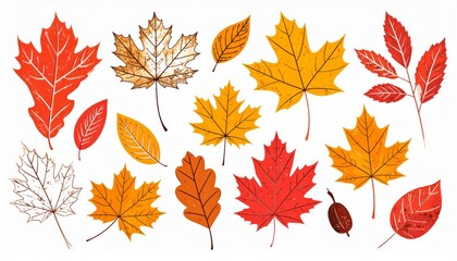 Fototapeta premium Collection of various hand drawn autumn leaves with grunge texture. Template of maple oak chestnut rowan. Trendy flat illustration. Seasonal foliage element with rough surface. design