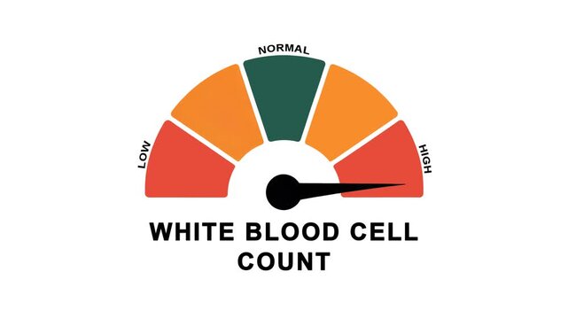 Animated white blood cell count meter moving from high level to normal level, ideal for concepts related to immune system health, infection treatment, and medical monitoring