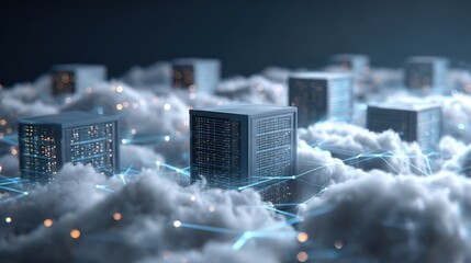 Futuristic cityscape with data servers emerging from clouds, representing advanced technology and digital connectivity.