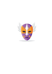 Fototapeta premium Vibrant Abstract Mask Design with Stylized Wings, Featuring Bold Purple, Orange, and White Hues, Evoking Theatricality, Cultural Mysticism, and Enigmatic Performance Art Concepts