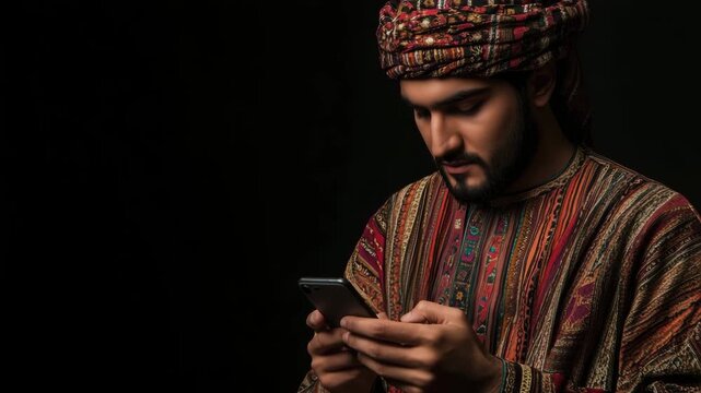 Omani businessman wearing traditional dishdasha using smartphone on black background