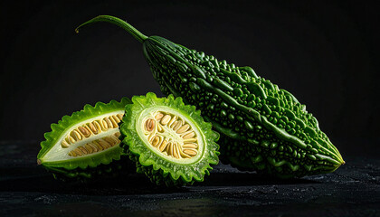 Two fresh bitter melons photographed in professional studio macro food photography style on dark matte black background with dramatic lighting
