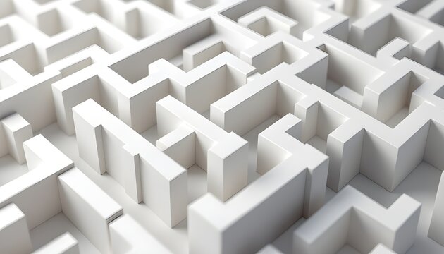 3D white abstract labyrinth maze symbolizing problem solving, decision making, and complex strategic challenges in business and personal growth concepts.
