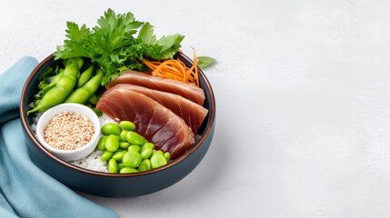 Gourmet sushi bowl with fresh garnishes and edamame for a delightful meal arrangement