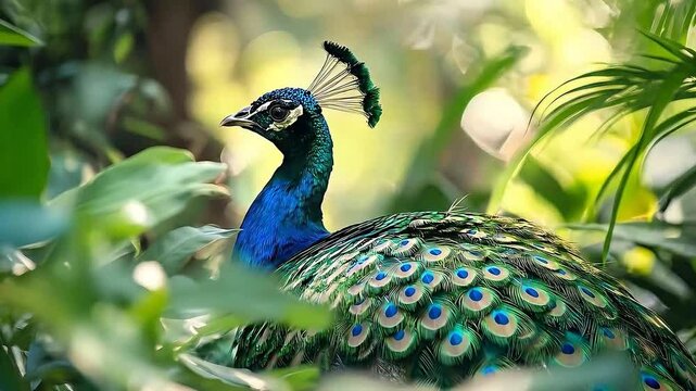 A majestic peacock in a lush green jungle, gently moving through the leaves. The peacock fluffs its shimmering feathers playfully, then tilts its head curiously.