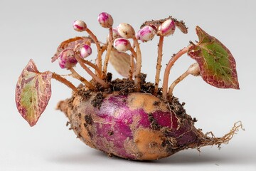 Side view of a Sweet Potato Sprouts with Green Leaves on White Background