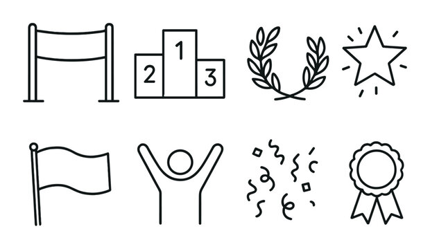 Award celebration icons: podium, laurel, star, flag, victory, confetti, medal