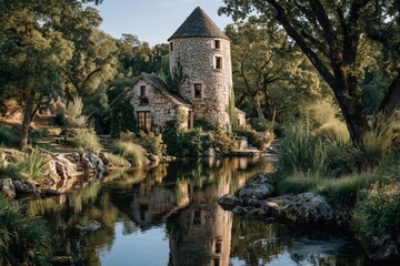 Stone Tower Beside River with Green Trees and Sky Reflections at Daytime in Sunny Outdoor Scenery