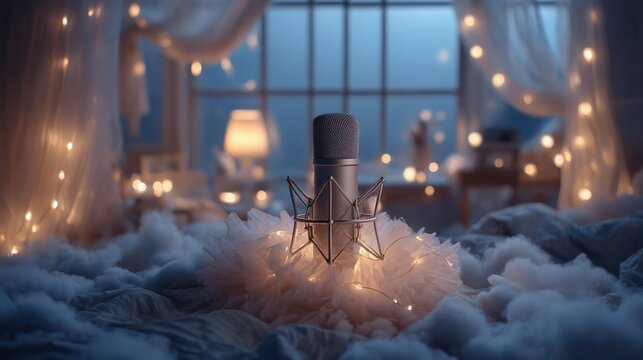 Studio Microphone Surrounded by Fluffy Clouds and Warm String Lights with Window Background