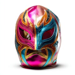 Colorful leather wrestling mask with bold paint splashes isolated on white, perfect for sports poster, themed event promo