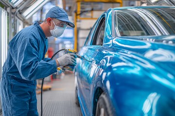A professional painter carefully applies a fresh coat of vibrant blue paint to a car in a modern automotive factory, ensuring a flawless finish with meticulous attention to detail.