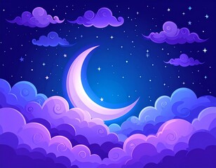 Whimsical cartoon background of crescent moon stars and swirling clouds dreamy night sky vector illustration