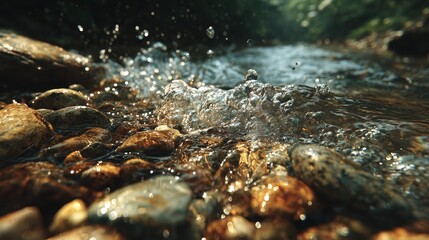 Sun Drenched River Splashing Over Golden Stones in a Serene Forest