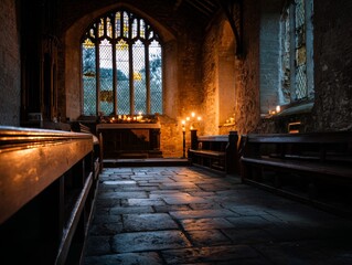 Fototapeta premium Ancient church interior illuminated by flickering candlelight