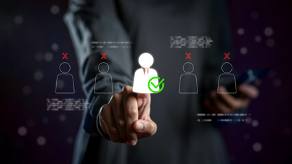CRM human resources management concept with businessman selecting employee icon, representing recruitment, candidate evaluation, staff performance, and workforce optimization in modern organizations.