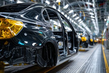 Fototapeta premium Black car bodies on assembly line inside automobile manufacturing plant, ready for paint and further development with advanced technological systems.