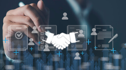 Business partnership agreement concept with handshake icon and digital contract documents,...