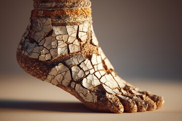 Textured Human Foot Covered in Cracks and Soil Against Warm Gray Background