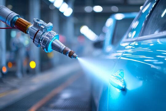 Automated spray painting robot applying a flawless coat of vibrant blue paint to a car body, ensuring a perfect finish in a modern manufacturing environment.