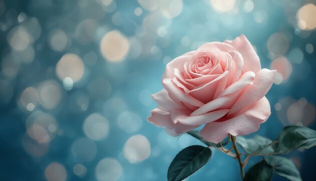 a delicate pink rose in full bloom is softly illuminated against a dreamy teal bokeh background. - Powered by Adobe