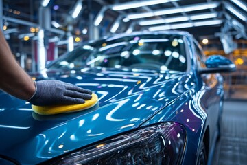 A professional detailer carefully waxing a shiny blue car to achieve a flawless finish, ensuring ultimate protection and enhancing its luxurious appearance.