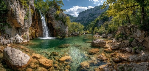 Mountain waterfall cascading into a crystal-clear pool