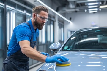 Professional car detailer meticulously polishing vehicle paint in auto repair shop, using safety glasses and gloves for protection during specialized cleaning task.