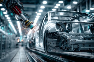 Fototapeta premium Automated welding process of a car body in a modern automotive factory, featuring a robotic arm precisely joining metal parts with sparks flying around the chassis.