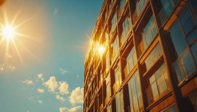 a low-angle view captures a modern building's reflective glass facade illuminated by a bright sun against a vibrant blue sky with scattered clouds. - Powered by Adobe