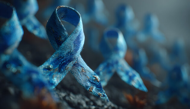A collection of blue awareness ribbons floats in the air, symbolizing Movember and men's mental health awareness