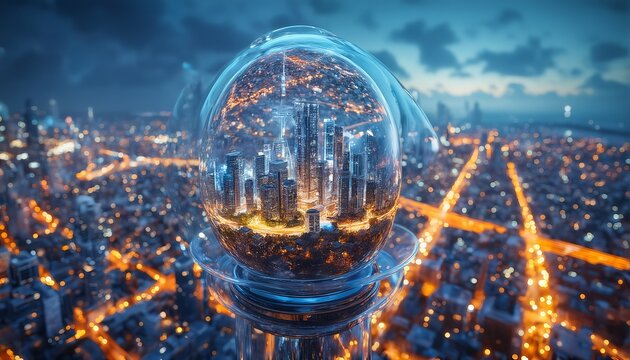 a futuristic cityscape encased within a glowing orb rises above a sprawling network of illuminated streets and buildings at twilight.