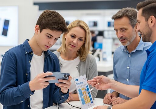 Teenage boy examines new smartphone with his parents and a sales representative in modern electronics store, showcasing family shopping experience.