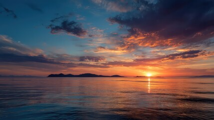 Stunning sunset over calm ocean waters with vibrant orange, blue, and purple skies, creating a peaceful and breathtaking seascape view.