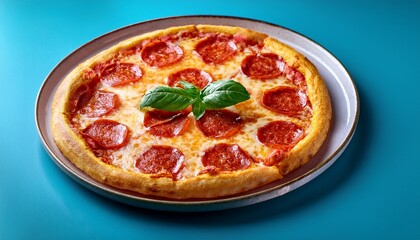 a delicious slice of pepperoni pizza with a fresh basil garnish the pizza looks incredibly appetizing