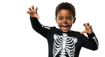 Happy boy in skeleton costume posing for Halloween fun png isolated on transparent background
