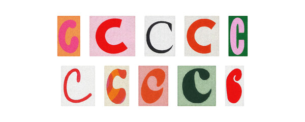 Magazine letter C cutouts collage set, colorful tiles on transparent PNG
