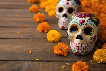 Day of the Dead Celebration with Decorative Skulls and Marigold Flowers on Wood Surface