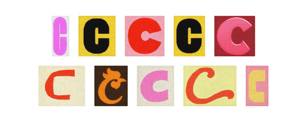 Vintage and modern letter C tiles, magazine collage, transparent PNG
