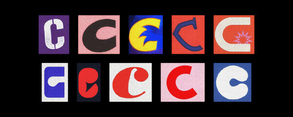 Letter C magazine cutout tiles collage set on a black background
