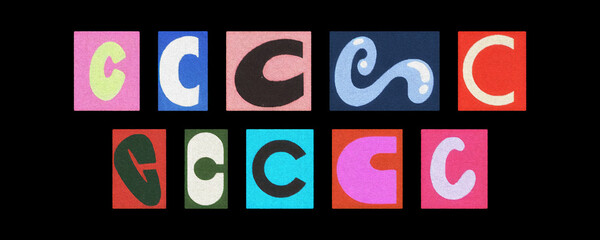 Vintage and modern letter C typography tiles, collage on black background
