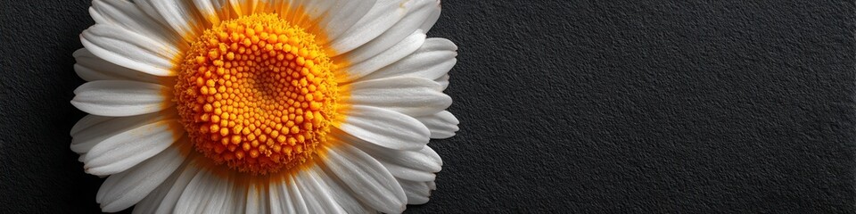 Intricate macro shot showcases a daisy flower's detailed yellow center and radiating white petals, beautifully contrasting against a dark background texture.