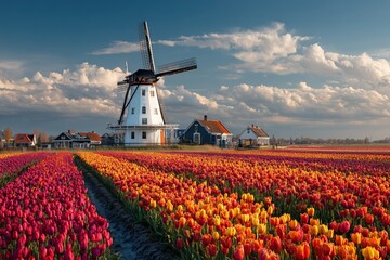 Windmill Overlooking Rows of Vibrant Tulip Fields Under a Blue Cloudy Sky