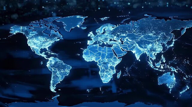 Global map, glowing outlines of countries