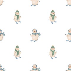 This charming seamless winter pattern features alternating rows of skiing snowmen. One style wears a green hat and scarf, and the other has blue earmuffs, all scattered across a bright white 