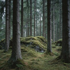 Obraz premium Dense forest scene tall trees and lush greenery under overcast skies