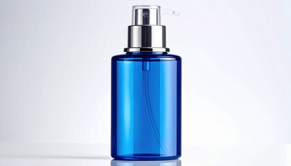 A blue spray bottle with transparent body and silver pump—resting on reflective surface against gradient blue backdrop. A metaphor for precision and the choreography of release through sleek containme