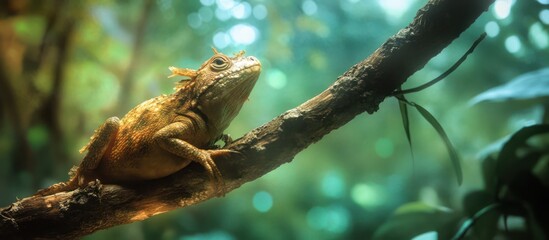 high contrast, detailed, vibrant, macro shot of a lizard perched on a branch, lush green foliage in the background, natural lighting, realistic, cinematic, 8K, sharp focus
