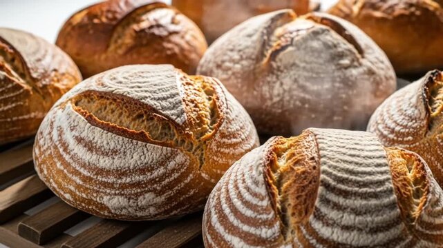 Artisan sourdough loaves on rustic rack