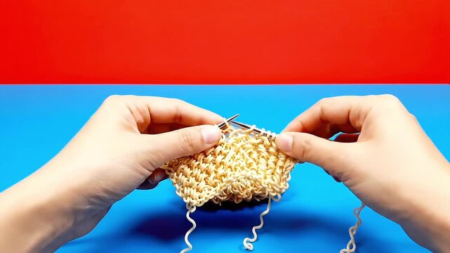 Hands knitting a texture resembling instant ramen noodles needles visible Redblue background